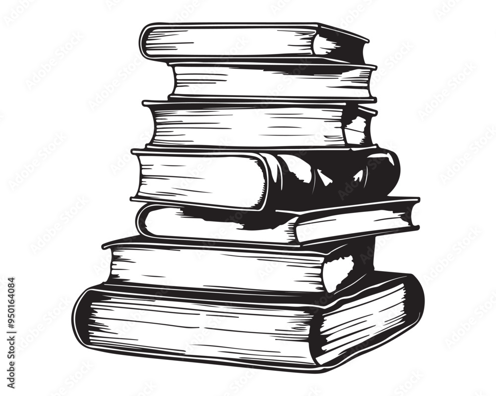 Fototapeta premium Stack of Books Illustration in Black and White Vintage Woodcut Style Vector Drawing
