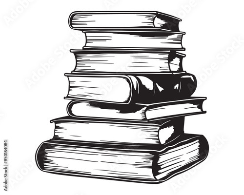 Stack of Books Illustration in Black and White Vintage Woodcut Style Vector Drawing
