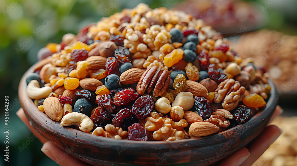 Handful of mixed nuts and dried fruits, portable brain-boosting snack Handful of mixed nuts and dried fruits, portable brain-boosting snack