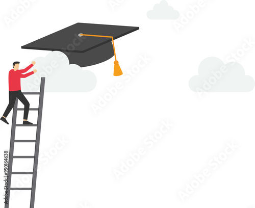 School or university fees are expensive. Businessman climbs up and grabs a high graduation cap on the cloud

