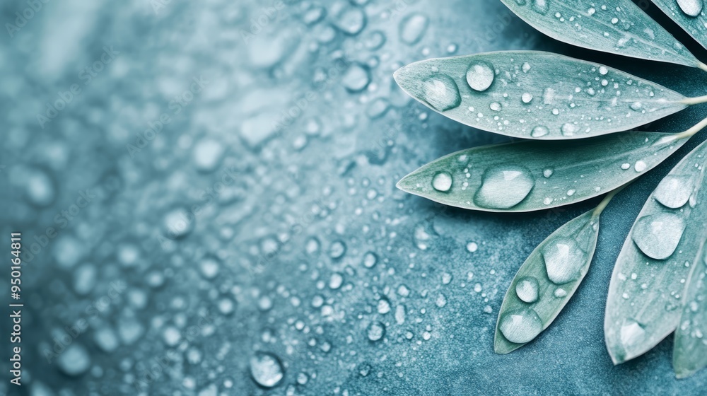 Close-up of fresh green leaves with droplets of water against a soft blue background, conveying serenity and nature's beauty. Close-up of fresh green leaves with droplets of water against a soft blue background, conveying serenity and nature's beauty.