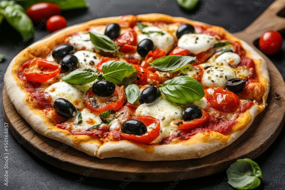Freshly baked pizza topped with mozzarella, basil, olives, and cherry tomatoes served on a wooden board Freshly baked pizza topped with mozzarella, basil, olives, and cherry tomatoes served on a wooden board