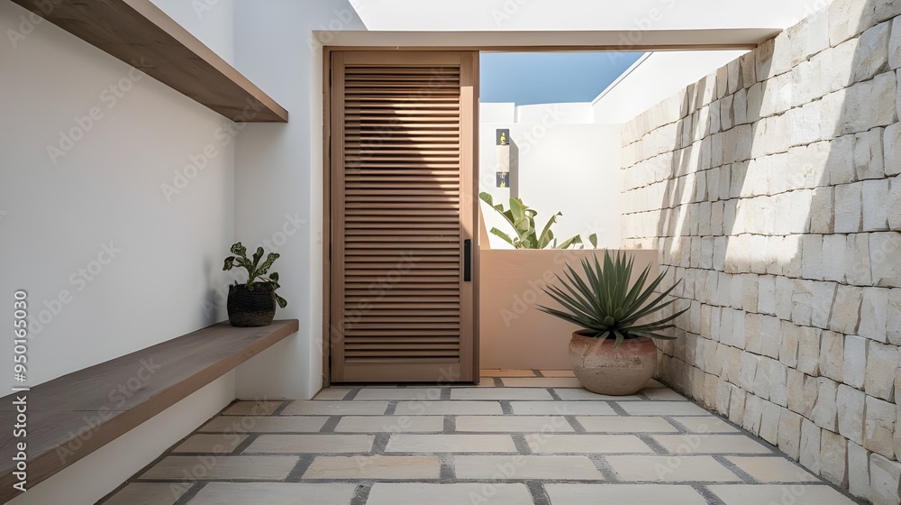 Fototapeta premium A modern coastal entrance hall with a louvered door and a stone-tiled floor, a built-in wooden shelf, a potted plant.