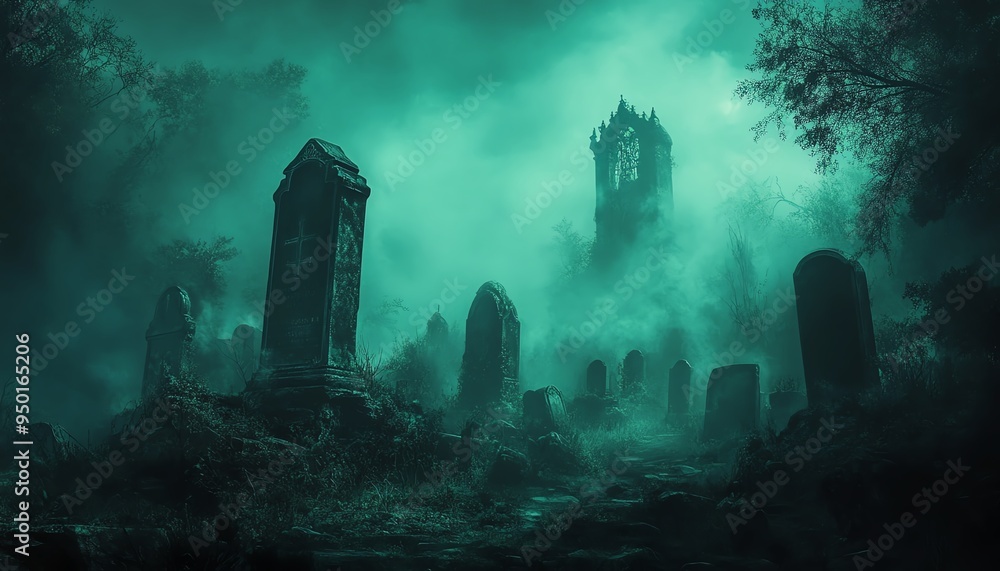 Horrorfilled graveyard at midnight, ancient tombstones, dense fog, ghostly figures drifting, eerie green light, high detail, spooky and macabre Horrorfilled graveyard at midnight, ancient tombstones, dense fog, ghostly figures drifting, eerie green light, high detail, spooky and macabre
