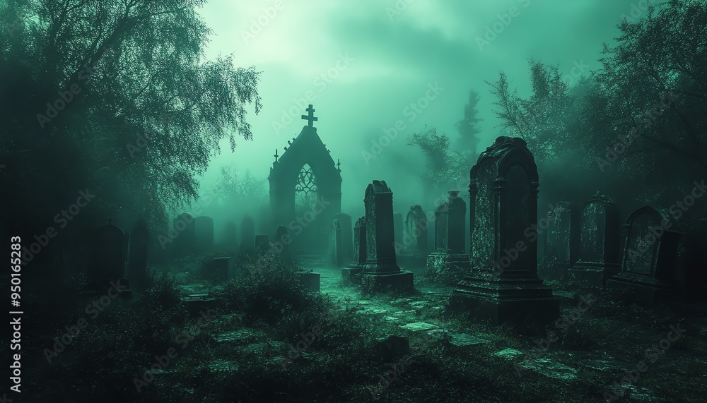 Horrorfilled graveyard at midnight, ancient tombstones, dense fog, ghostly figures drifting, eerie green light, high detail, spooky and macabre Horrorfilled graveyard at midnight, ancient tombstones, dense fog, ghostly figures drifting, eerie green light, high detail, spooky and macabre