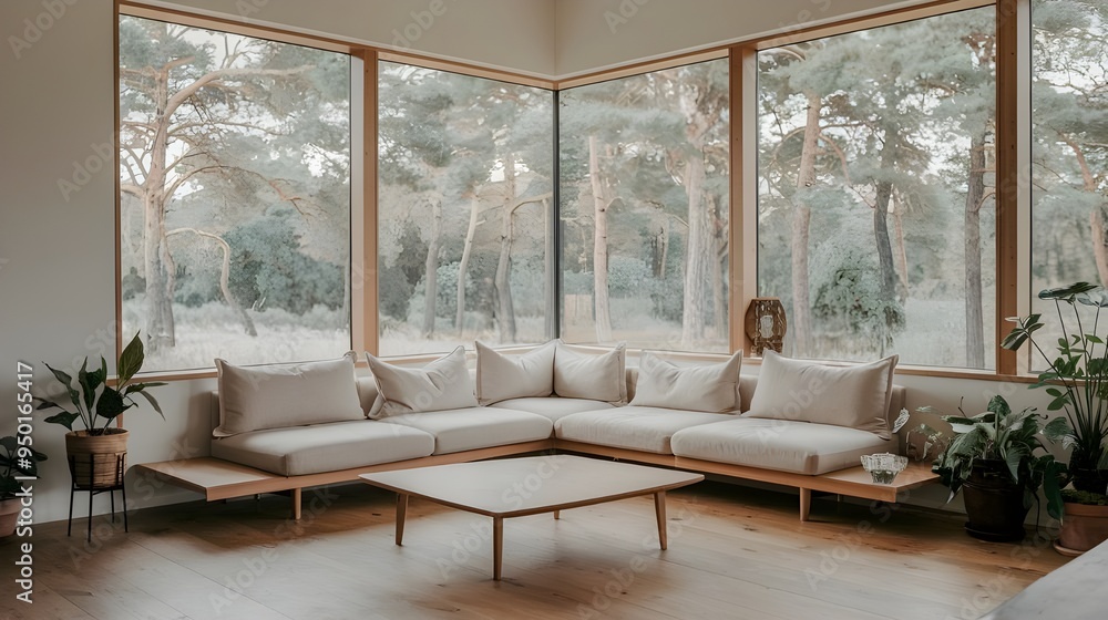 Fototapeta premium A minimalist living room in a modern country house. There's a beige corner sofa placed in front of large windows. The windows offer a view of a serene forest.