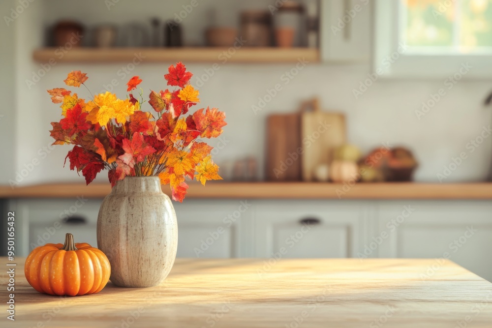 warm and inviting autumn kitchen interior with a vase filled with vibrant red and yellow leaves and flowers, paired with a few pumpkins on a light wooden table warm and inviting autumn kitchen interior with a vase filled with vibrant red and yellow leaves and flowers, paired with a few pumpkins on a light wooden table