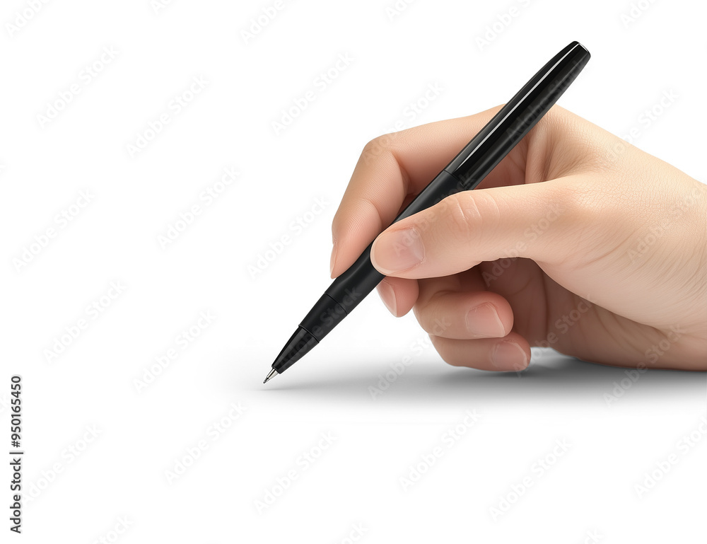 Closeup of a hand holding a black ballpoint pen on a white background. Highly detailed, photo-realistic digital art with dramatic lighting, cinematic composition, PNG format, isolated object Closeup of a hand holding a black ballpoint pen on a white background. Highly detailed, photo-realistic digital art with dramatic lighting, cinematic composition, PNG format, isolated object