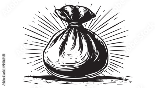 Sack Illustration in Black and White Vintage Woodcut Style Vector Drawing