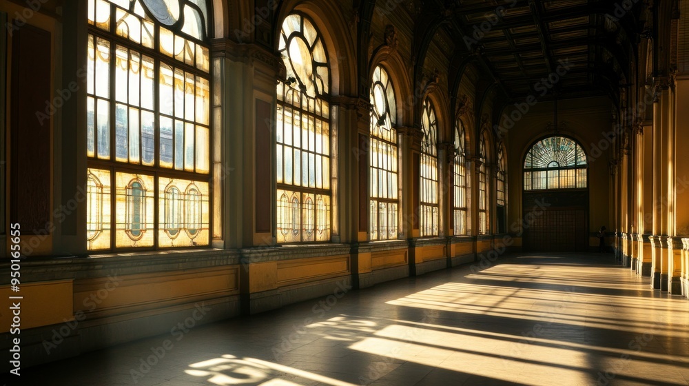 Sunlight Streaming Through Stained Glass Windows in a Historic Hallway Sunlight Streaming Through Stained Glass Windows in a Historic Hallway