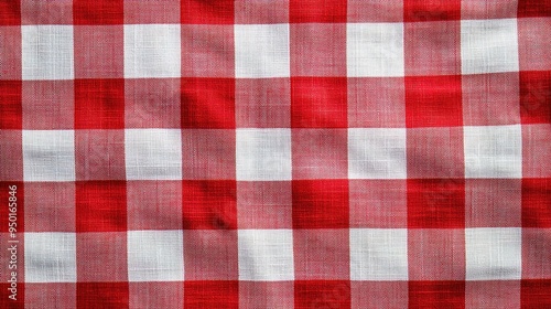 
Red and white checkered tablecloth fabric texture background 