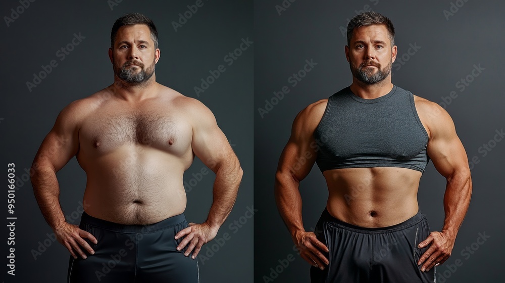 Two men are standing side by side, one of them is overweight Two men are standing side by side, one of them is overweight