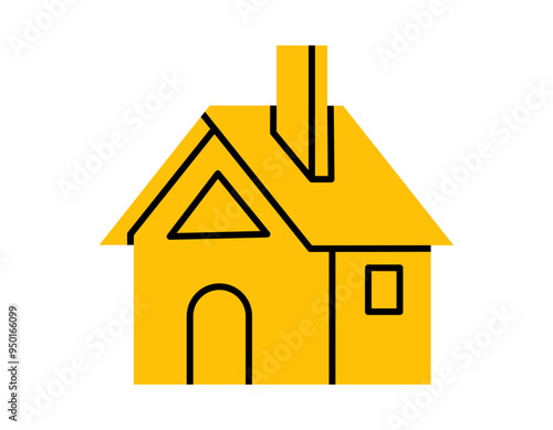Hand drawn cute cartoon illustration of residential family house. Flat vector real estate sticker doodle style. Mortgage or home loan sticker, icon. Housing for rent. Buy or sell building. Isolated.