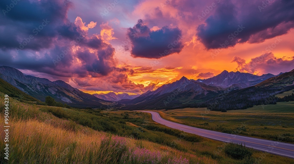 Fototapeta premium Sunsets over a scenic highway winding through majestic mountains, with a backdrop of vibrant clouds in the sky.