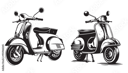 Vintage Scooters Illustration in Black and White Woodcut Style Vector Drawing
