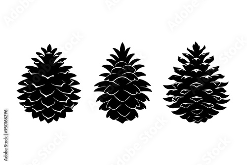 Set of winter silhouettes in black, outline. Wound cones.
