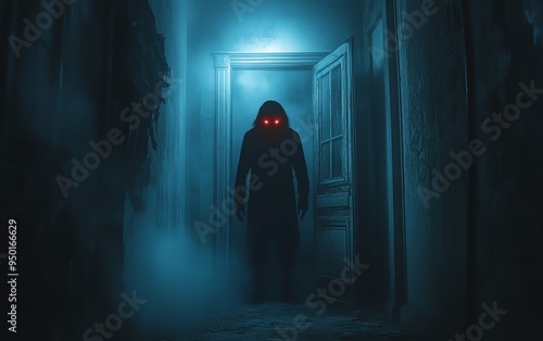 Scary shadowy figure emerging from a darkened doorway, glowing red eyes, eerie ambiance, dimly lit surroundings, high detail, haunting and unsettling presence