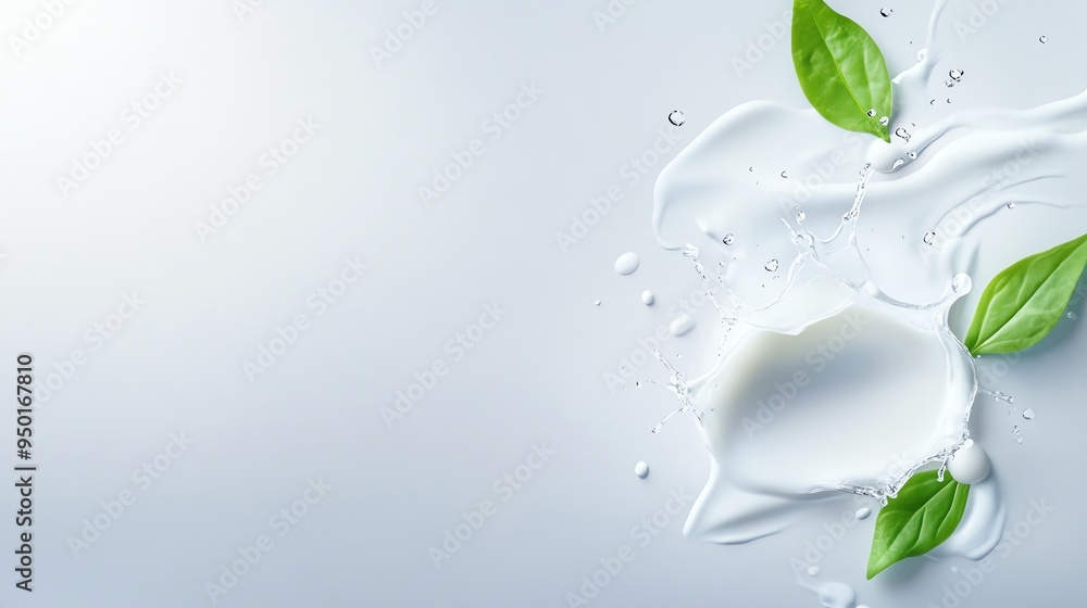 Fresh milk splash with green leaves on a soft background, perfect for wellness, nature, and culinary themes. Fresh milk splash with green leaves on a soft background, perfect for wellness, nature, and culinary themes.