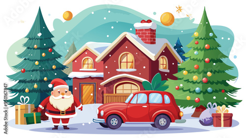 Wallpaper Mural Vintage Christmas and New Year.  Winter nature with house, Christmas tree in cozy home and red retro car for greeting card, Vector illustration of Santa Claus, cover or poster Torontodigital.ca