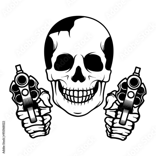 Happy Skull with Gun | Skeleton Face | Dead Killer | Gun Man Skull | Killer | Skull with 2 Pistol | Skeleton Head | Bad Skull | Original Illustration | Vector and Clipart | Cutfile and Stencil