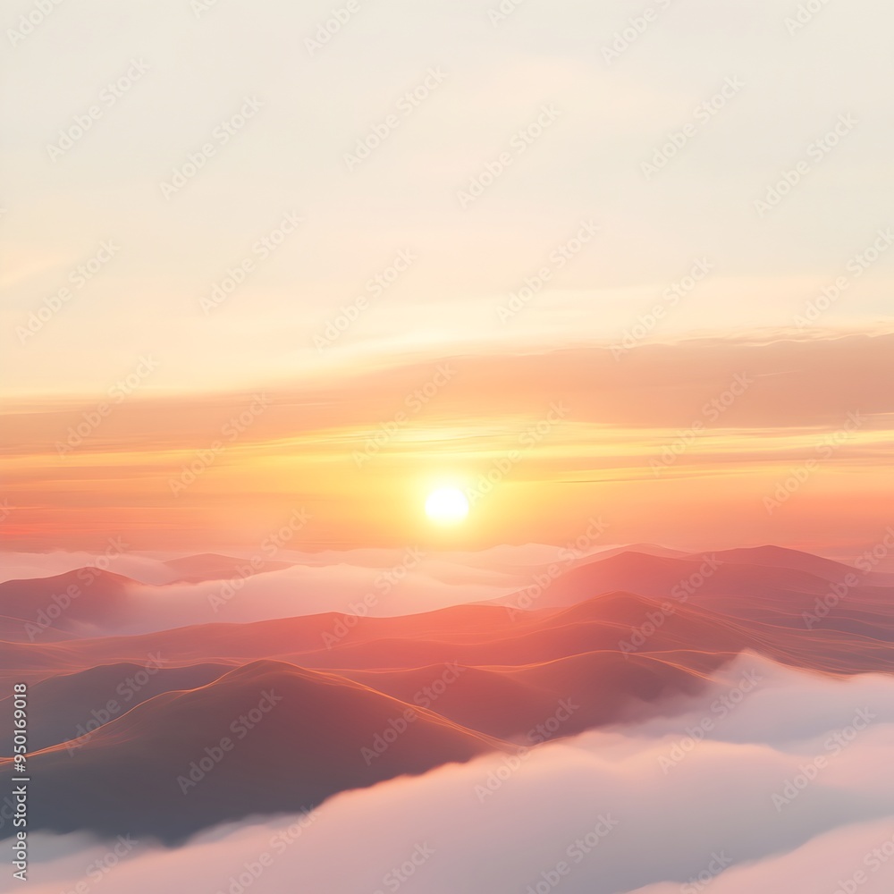Obraz premium Tranquil Sunrise Palette over Rolling Hills with Wispy Clouds and Glowing Hues