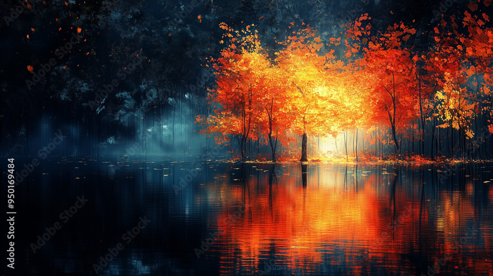 Fototapeta premium Moody autumn scene with vibrant orange trees reflected in a dark, misty lake, creating a dramatic and atmospheric landscape