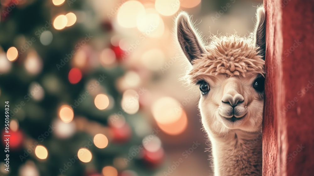 Obraz premium Festive cute Christmas on New Year llama on bright colorful winter decorated background with lights and baubles fir tree funny look