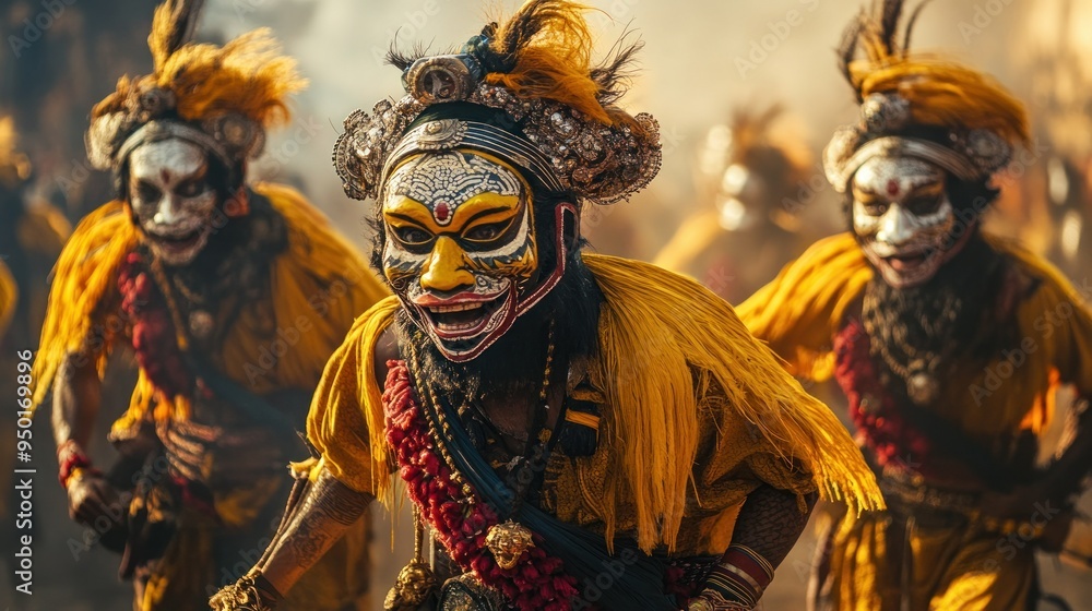 A Man Wearing a Colorful Mask and Yellow Costume During a Ritual Dance A Man Wearing a Colorful Mask and Yellow Costume During a Ritual Dance