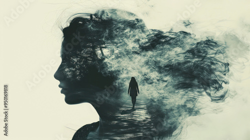 Abstract silhouette with surreal foggy forest journey