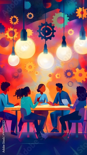 Illustration of diverse people sitting around a table, working together on a project with gears and abstract shapes in the background representing innovation, a business team work concept