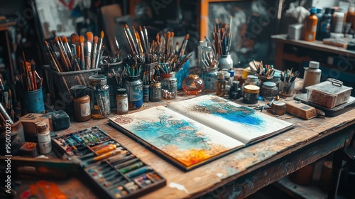 Artist's Workspace with Paintbrushes, Jars, and Open Sketchbook