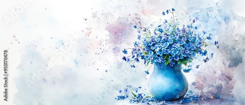 Illustrate a toppled vase of wilting forget-me-not flowers, portraying Alzheimers Disease from a tilted angle in a watercolor style painting