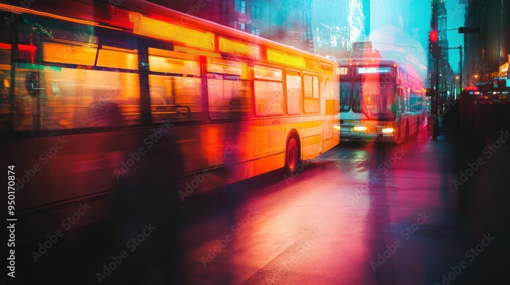 Neon-Lit Buses and Blurred Cityscape at Night Neon-Lit Buses and Blurred Cityscape at Night