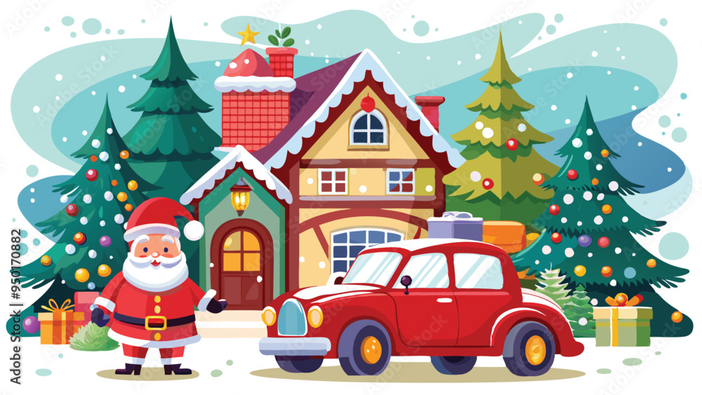 Naklejka premium Vintage Christmas and New Year. Winter nature with house, Christmas tree in cozy home and red retro car for greeting card, Vector illustration of Santa Claus, cover or poster