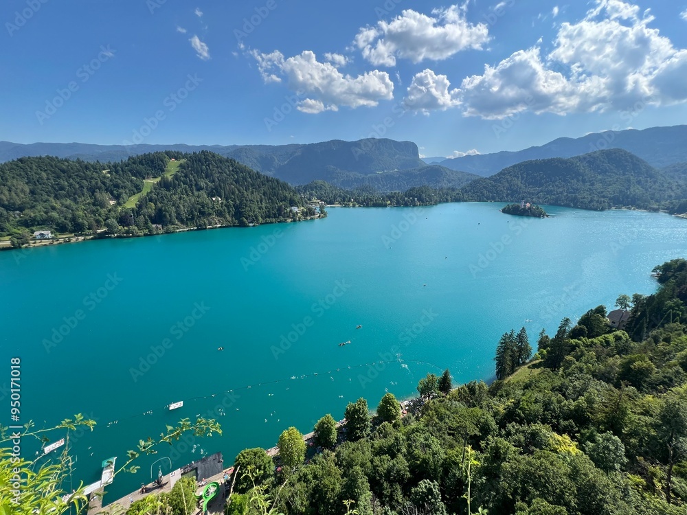 Panoramic view of Bled settlement and on Lake Bled (Blejsko jezero, Bleder See oder Veldeser See) from the castle of Bled (Blejski grad) - Bled, Slovenia Panoramic view of Bled settlement and on Lake Bled (Blejsko jezero, Bleder See oder Veldeser See) from the castle of Bled (Blejski grad) - Bled, Slovenia