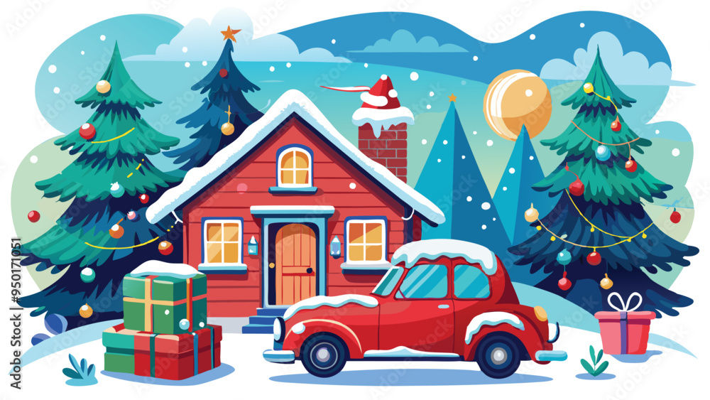 custom made wallpaper toronto digitalVintage Christmas and New Year. Winter nature with house, Christmas tree in cozy home and red retro car for greeting card, Vector illustration of Santa Claus, cover or poster