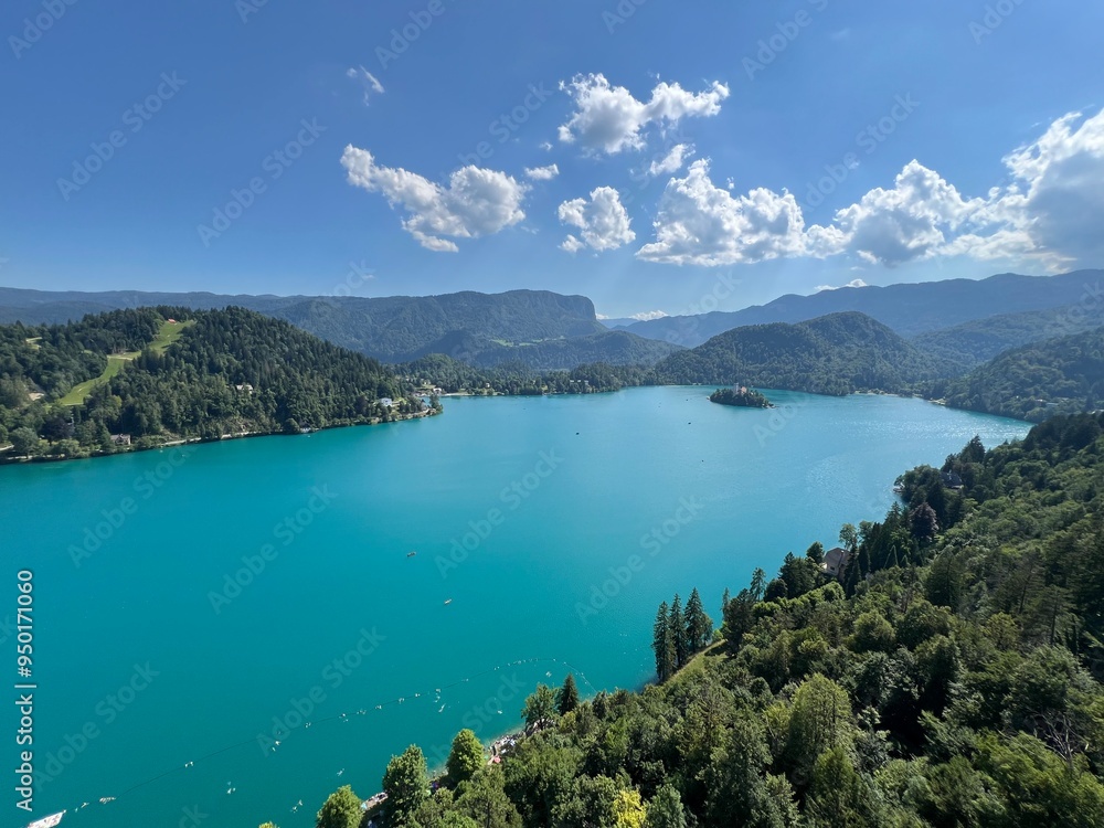 Obraz premium Panoramic view of Bled settlement and on Lake Bled (Blejsko jezero, Bleder See oder Veldeser See) from the castle of Bled (Blejski grad) - Bled, Slovenia