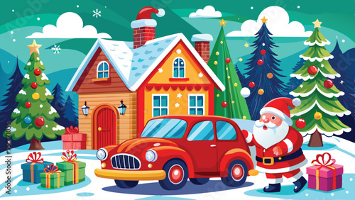 Wallpaper Mural Vintage Christmas and New Year.  Winter nature with house, Christmas tree in cozy home and red retro car for greeting card, Vector illustration of Santa Claus, cover or poster Torontodigital.ca