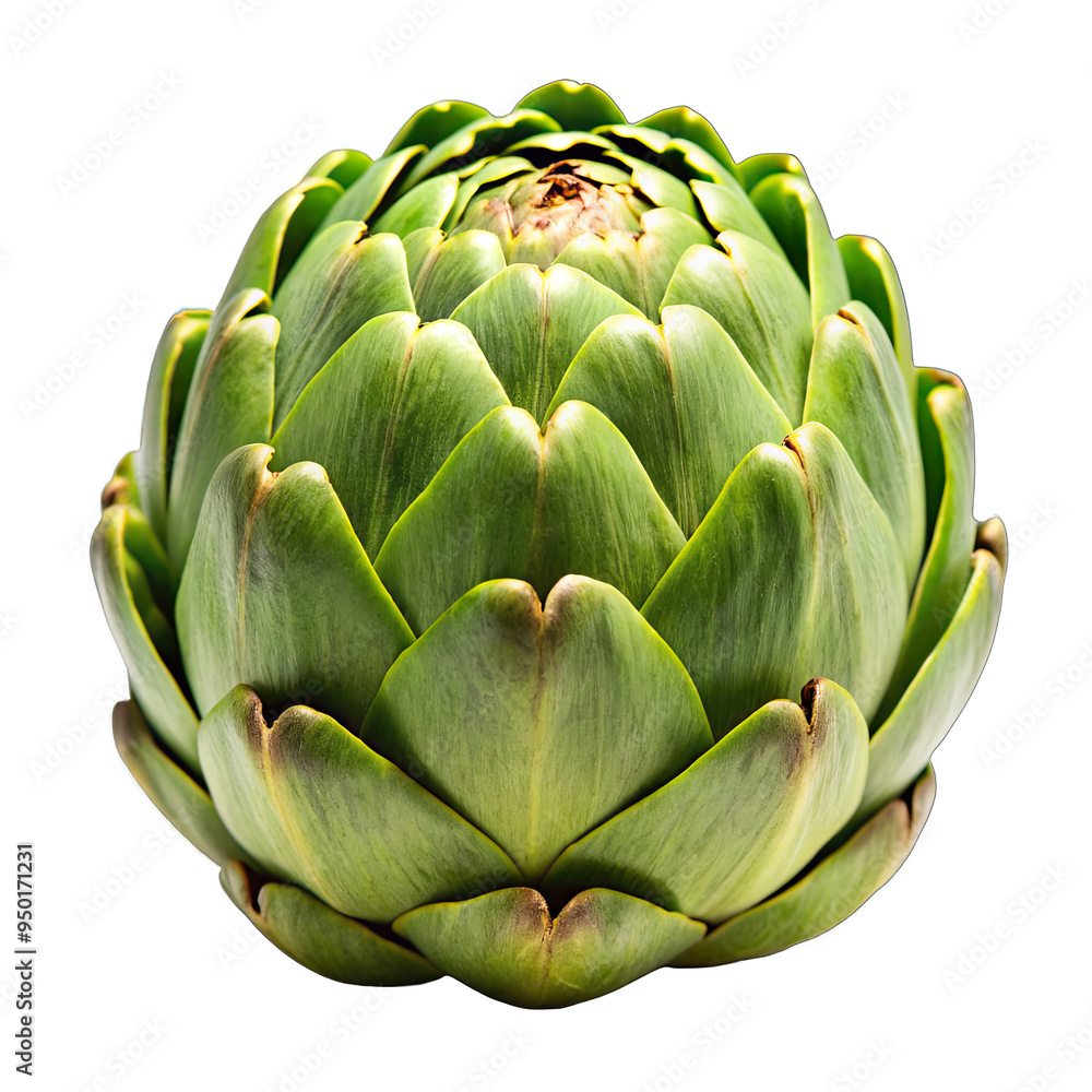 A close-up of a single, green artichoke isolated against a white background A close-up of a single, green artichoke isolated against a white background