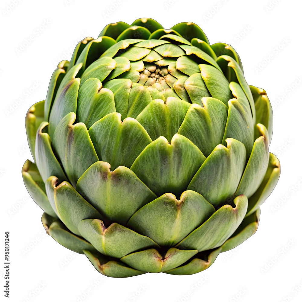 A single artichoke, with its intricate green scales, is isolated on a white background A single artichoke, with its intricate green scales, is isolated on a white background