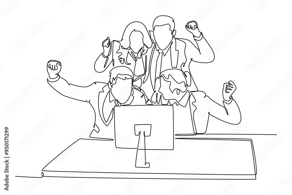 Single continuous line drawing group of marketing team celebrating and hugging each other for their successful goal achievement. Work celebration concept. One line graphic design vector illustration Single continuous line drawing group of marketing team celebrating and hugging each other for their successful goal achievement. Work celebration concept. One line graphic design vector illustration