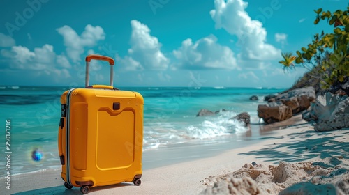 Vibrant Yellow Suitcase on Idyllic Sandy Beach with Turquoise Sea - Essential Travel Accessories for Dream Vacation