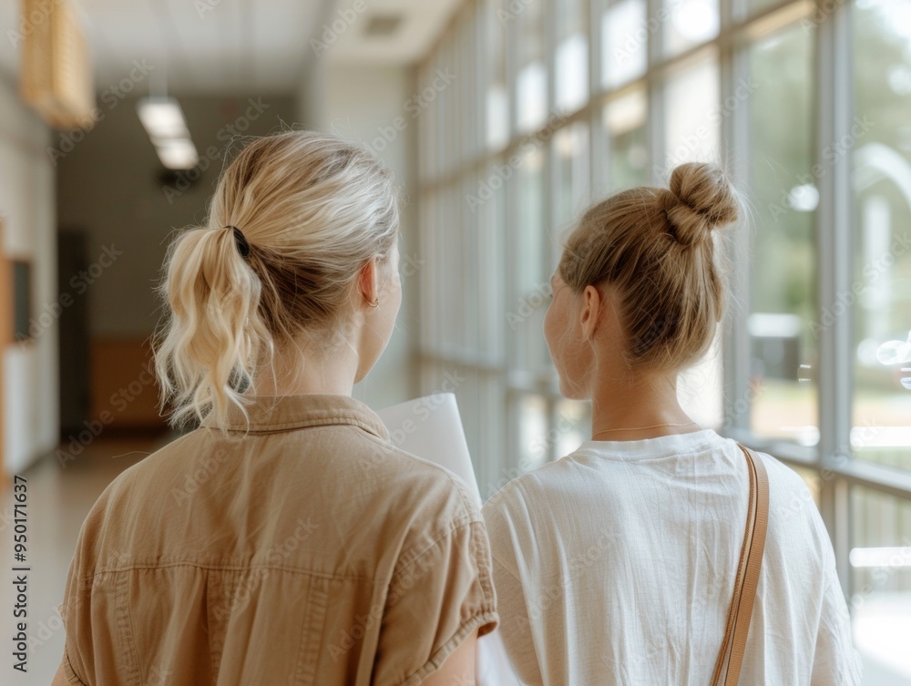 Supportive Female Teacher Mentors Student in Bright School Library, Daytime, Focus on Interaction and Education Supportive Female Teacher Mentors Student in Bright School Library, Daytime, Focus on Interaction and Education