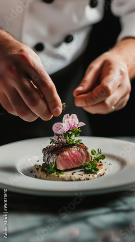 Wallpaper Mural Gourmet Steak Garnished with Delicate Pink Flower by Chef Torontodigital.ca