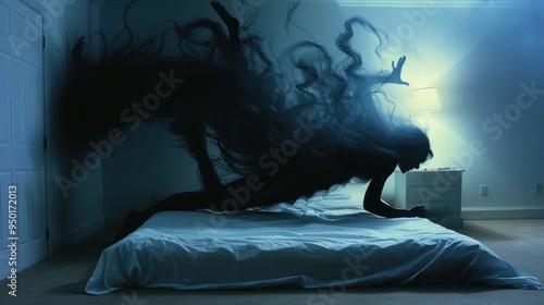 Figure with flowing black hair in dimly lit room photo