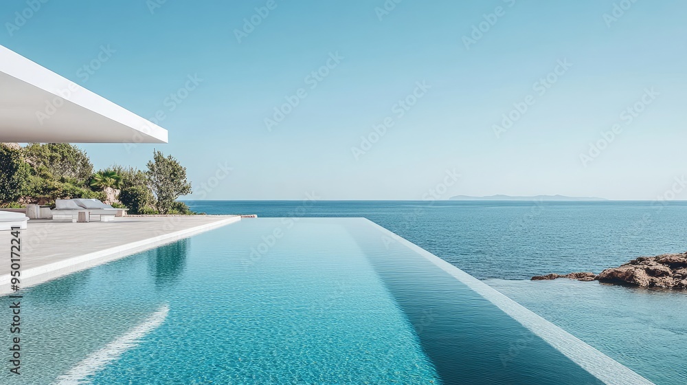 Obraz premium An elegant white villa with an infinity pool facing the Mediterranean Sea, with a clear blue sky enhancing the tranquil setting.