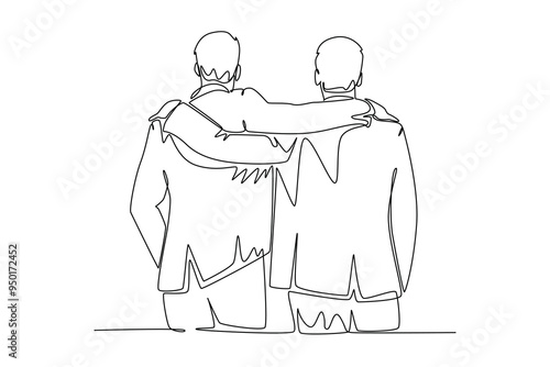 Single continuous line drawing back view of two male workers at office hugging and supporting each other for success of their career. Friend support. One line draw graphic design vector illustration