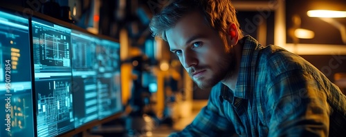 Focused Hacker Man Working on Multiple Monitors,  Photo photo