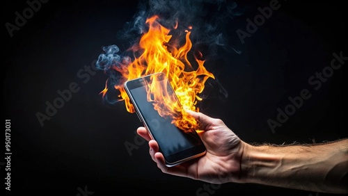 Burning smartphone and hand representing social media backlash, with screen and black background, burning