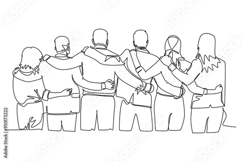 Single one line drawing back view of group men and woman from multi ethnic standing together to show their friendship bonding. Unity in diversity. Continuous line design graphic vector illustration